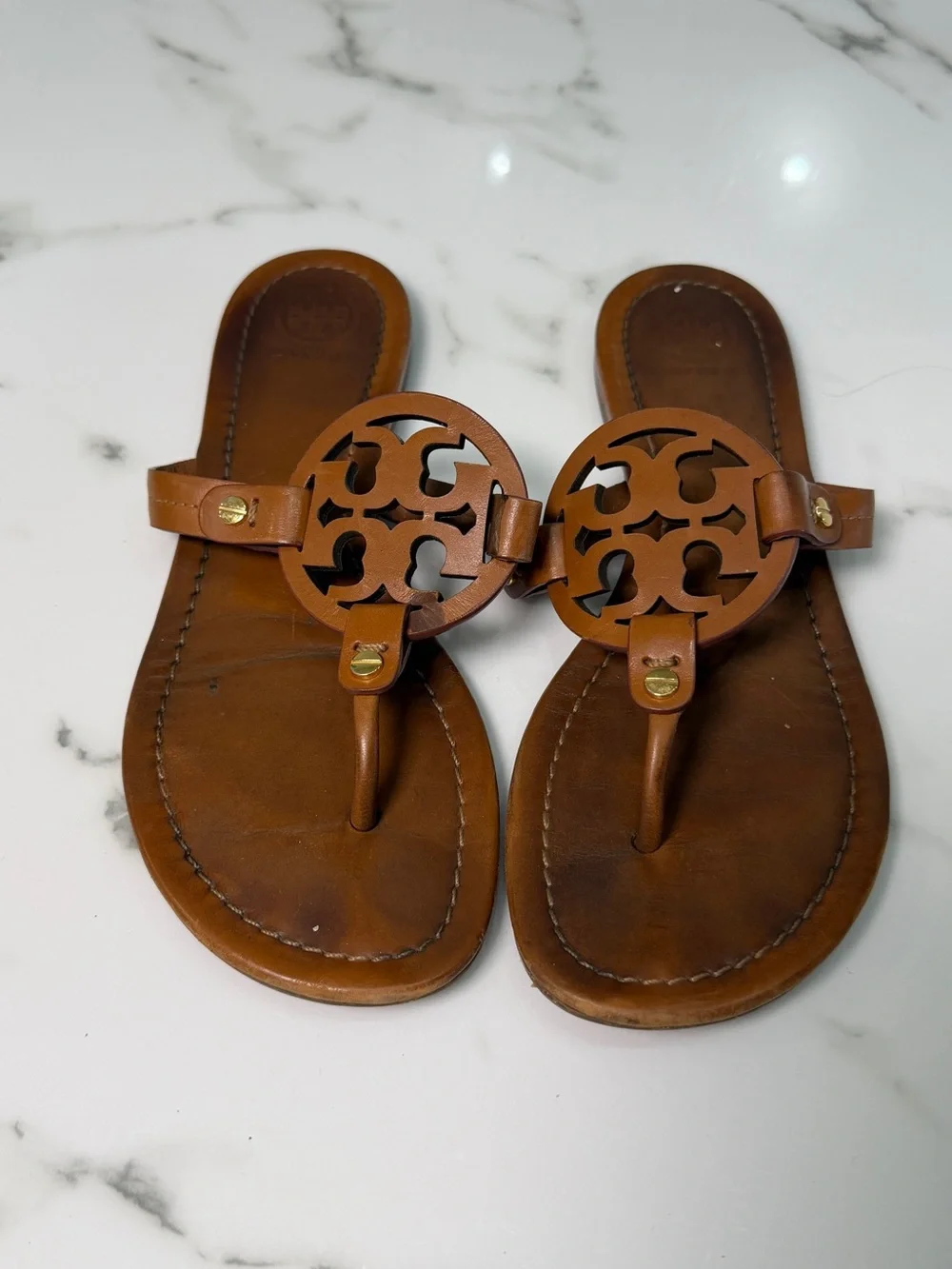 Tory Burch Miller Brown Leather Logo Sandals Women’s Size 7